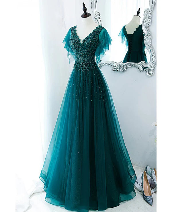Luolandi Unique and elegant dark green short sleeved beaded rhinestone ball dress A-shaped V-neck with backless straps sheer and floor length prom dress